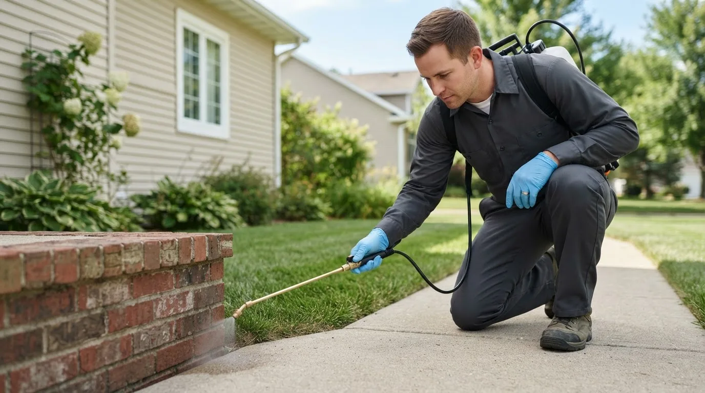 Pest control technician treating a home near Warwick, RI